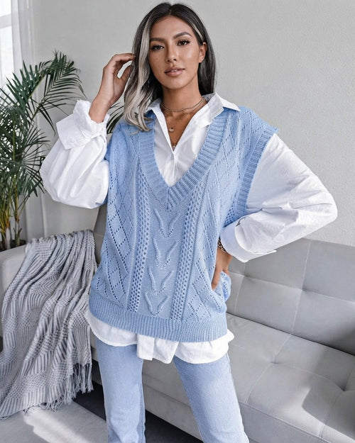Cable Knit Jumper Vest with V Neck, Women's Relaxed Fit