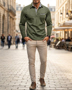 Men's Long-Sleeve Polo Shirt with Gingham Collar Detail