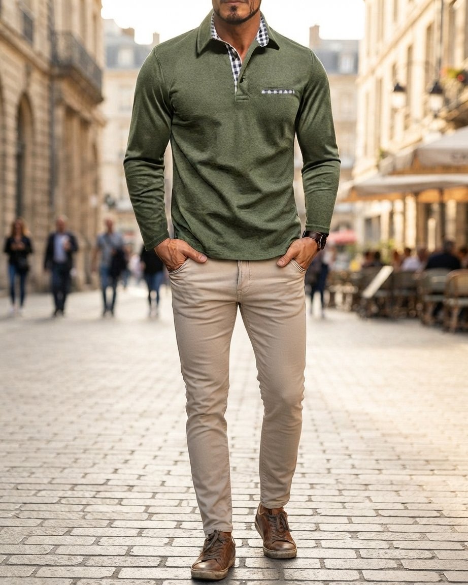 Men's Long-Sleeve Polo Shirt with Gingham Collar Detail
