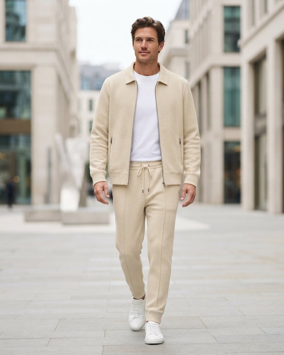 Men's Waffle-Knit Tracksuit Set, Two-Piece Zip Jacket