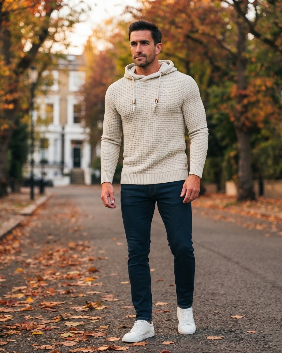 Waffle-Knit Pullover Hoodie with Drawstring Hood