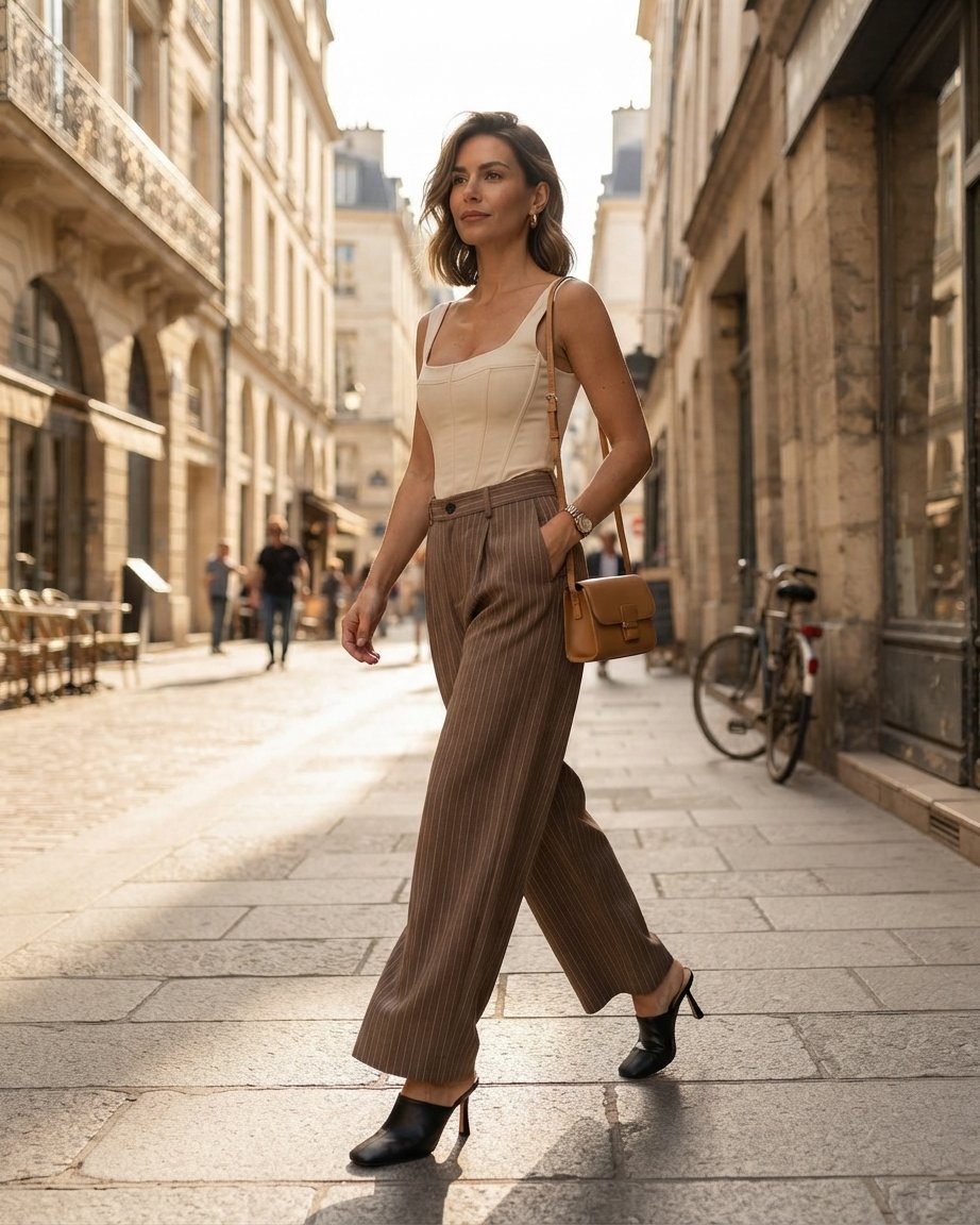 Wide-Leg Pinstripe Trousers in Warm Brown