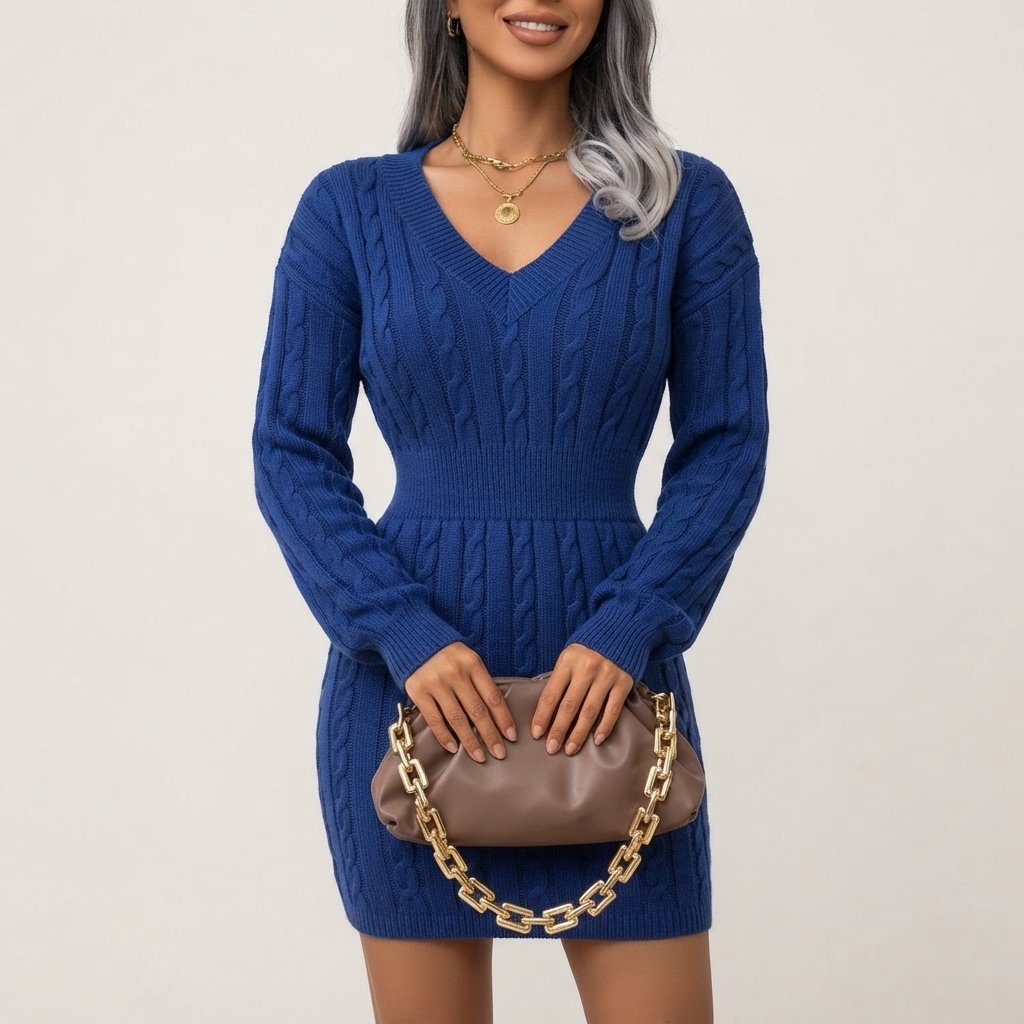 Cable Knit V-Neck Mini Dress with Elasticated Waist