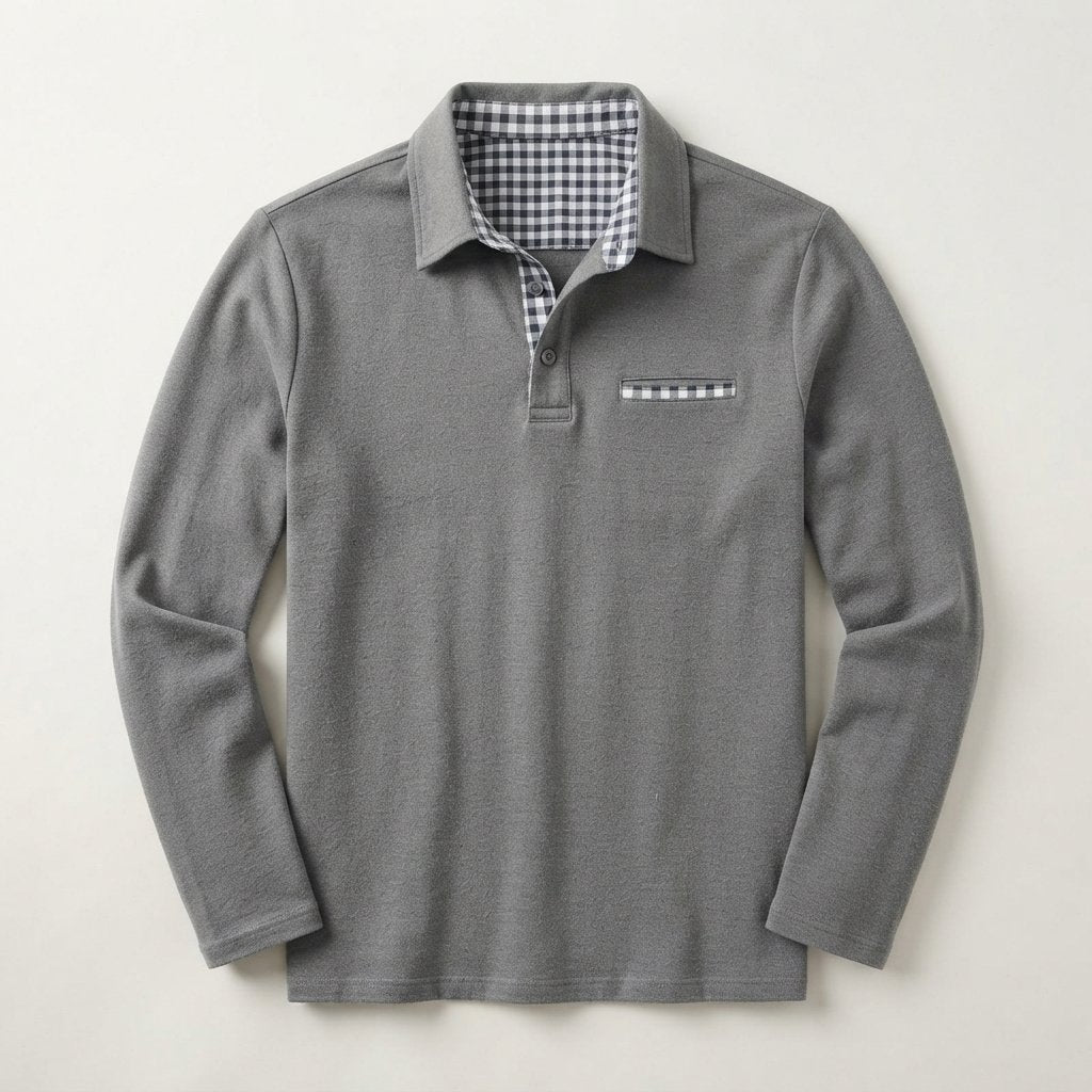 Men's Long-Sleeve Polo Shirt with Gingham Collar Detail