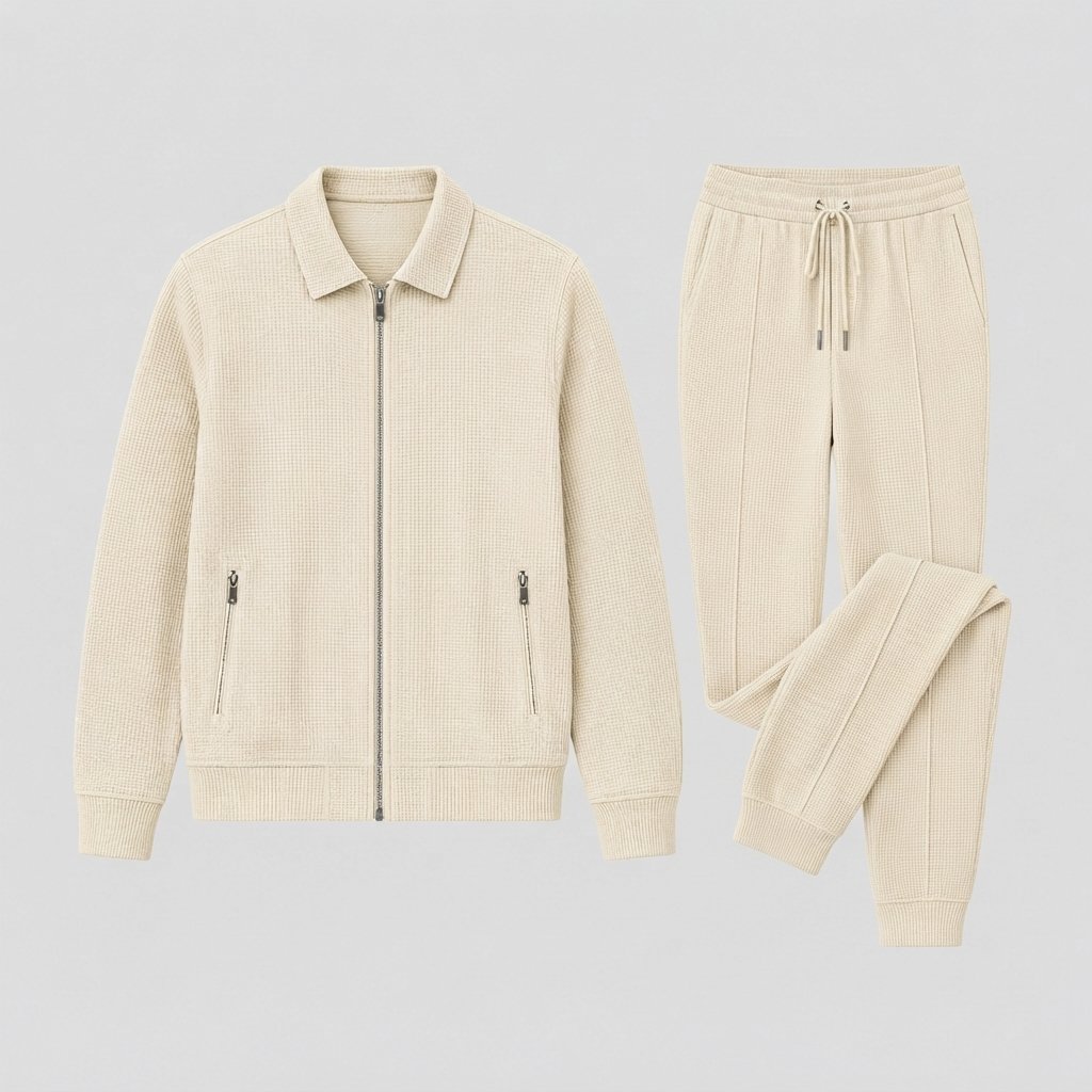 Men's Waffle-Knit Tracksuit Set, Two-Piece Zip Jacket
