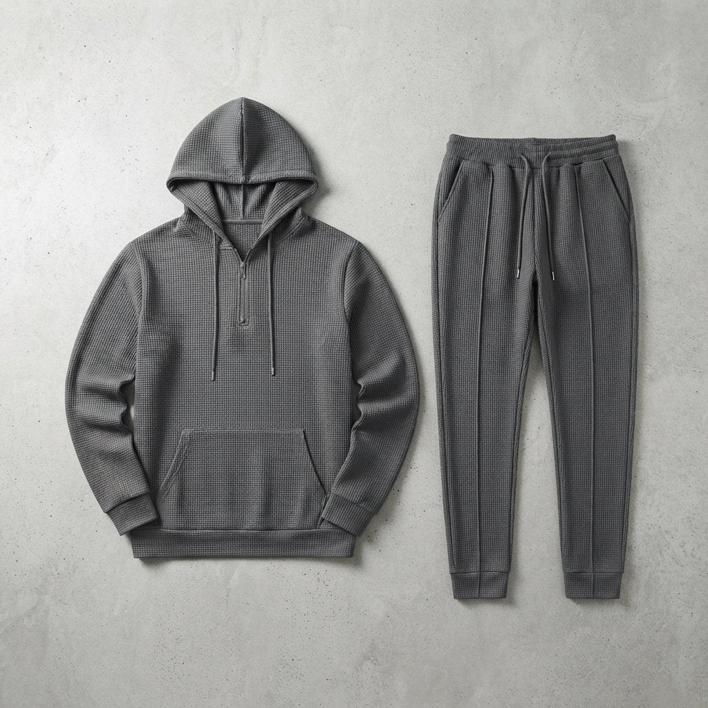 Waffle-Knit Half-Zip Hoodie & Jogger Set for Men