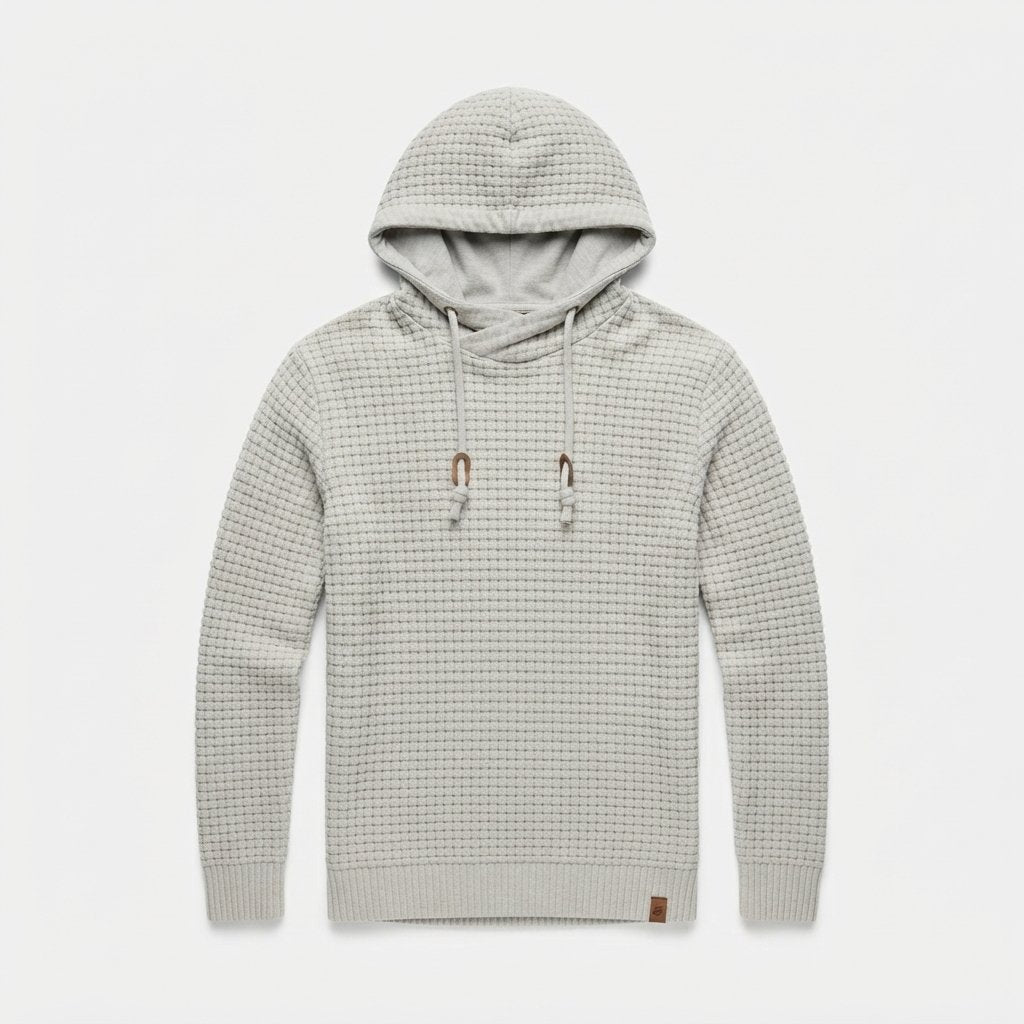 Waffle-Knit Pullover Hoodie with Drawstring Hood