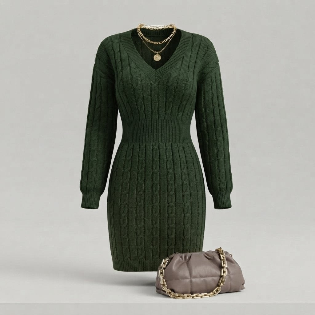 Cable Knit V-Neck Mini Dress with Elasticated Waist — Army Green