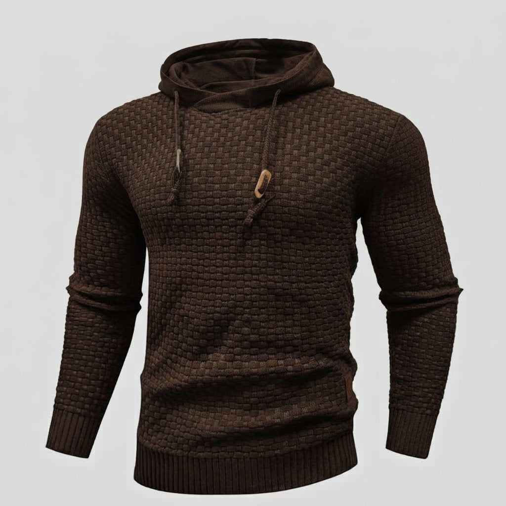 Waffle-Knit Pullover Hoodie with Drawstring Hood — Brown
