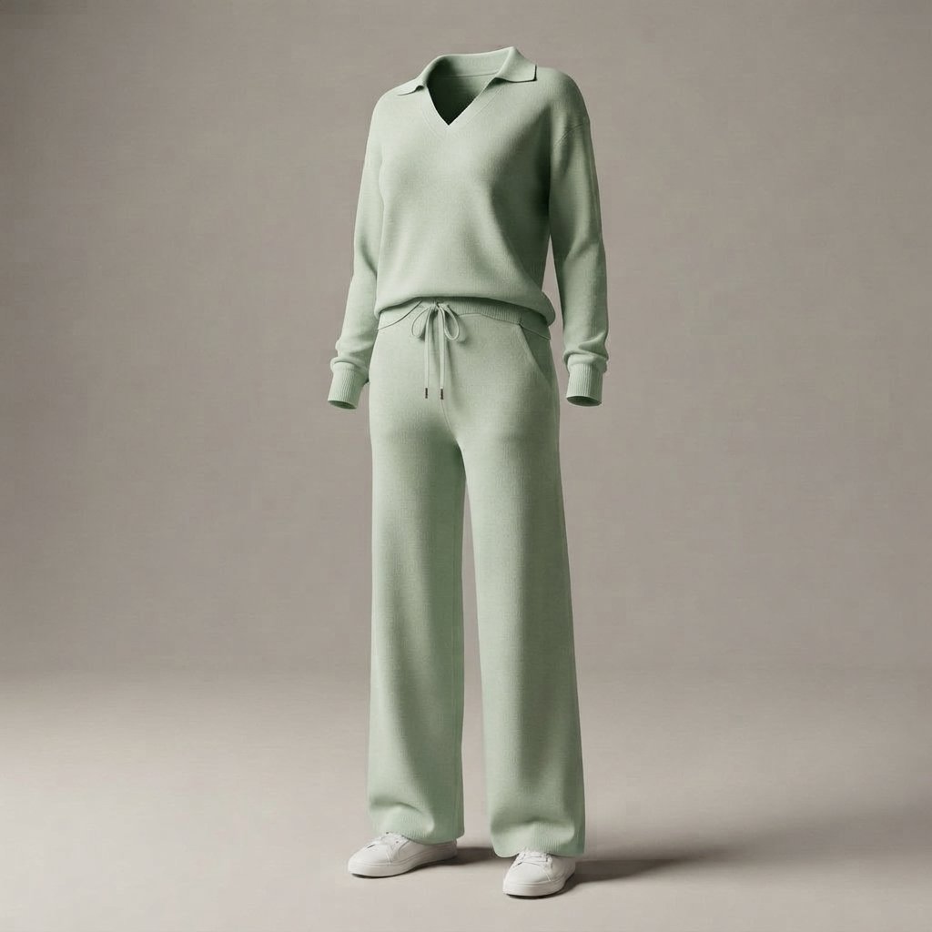 Women's 2-Piece Sweatsuit Set, Long Sleeve Top & Wide-Leg Trousers — Light Green