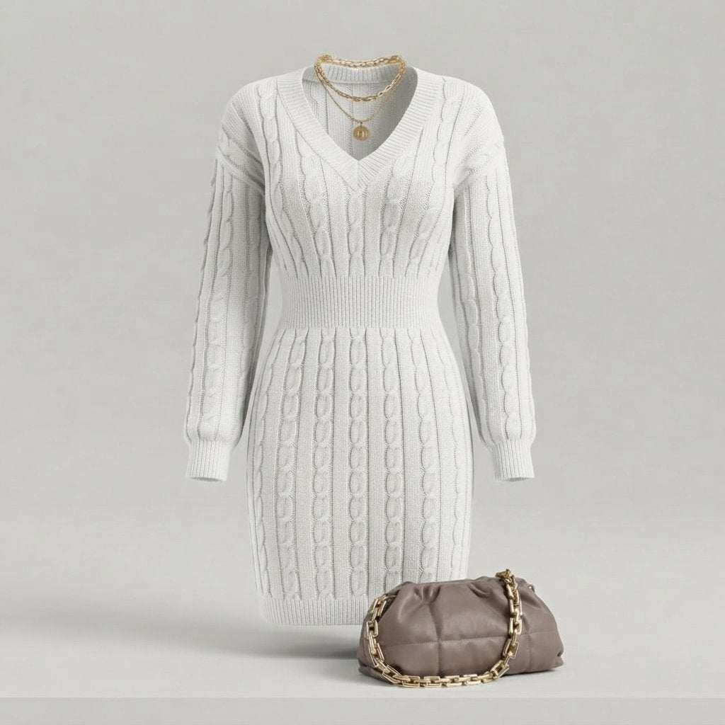 Cable Knit V-Neck Mini Dress with Elasticated Waist — White