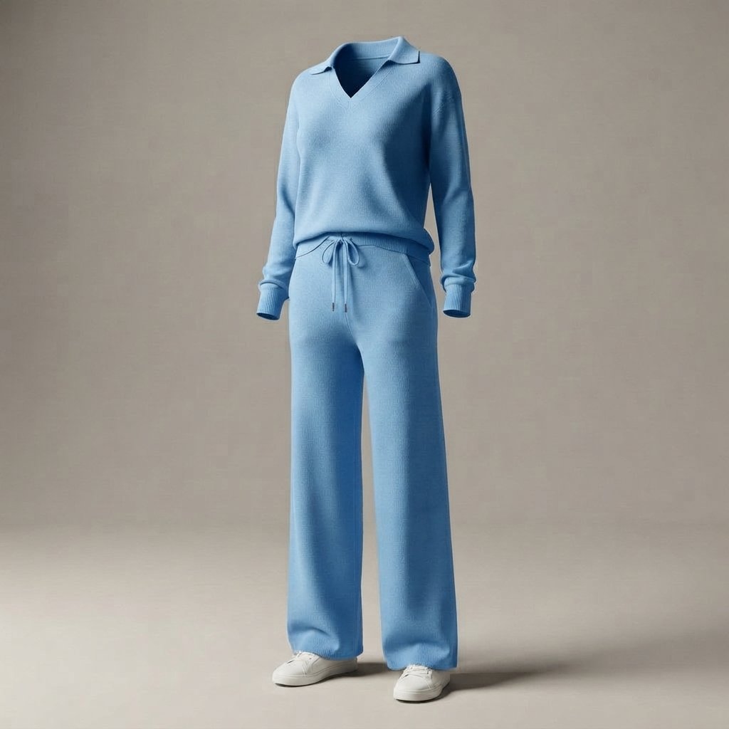 Women's 2-Piece Sweatsuit Set, Long Sleeve Top & Wide-Leg Trousers — Sky Blue