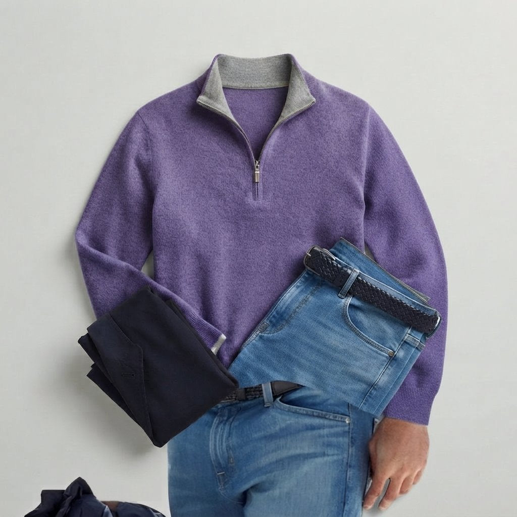 Men's Quarter-Zip Knit Jumper with Zip Collar — Purple