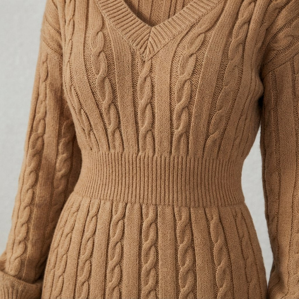Cable Knit V-Neck Mini Dress with Elasticated Waist