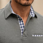 Men's Long-Sleeve Polo Shirt with Gingham Collar Detail