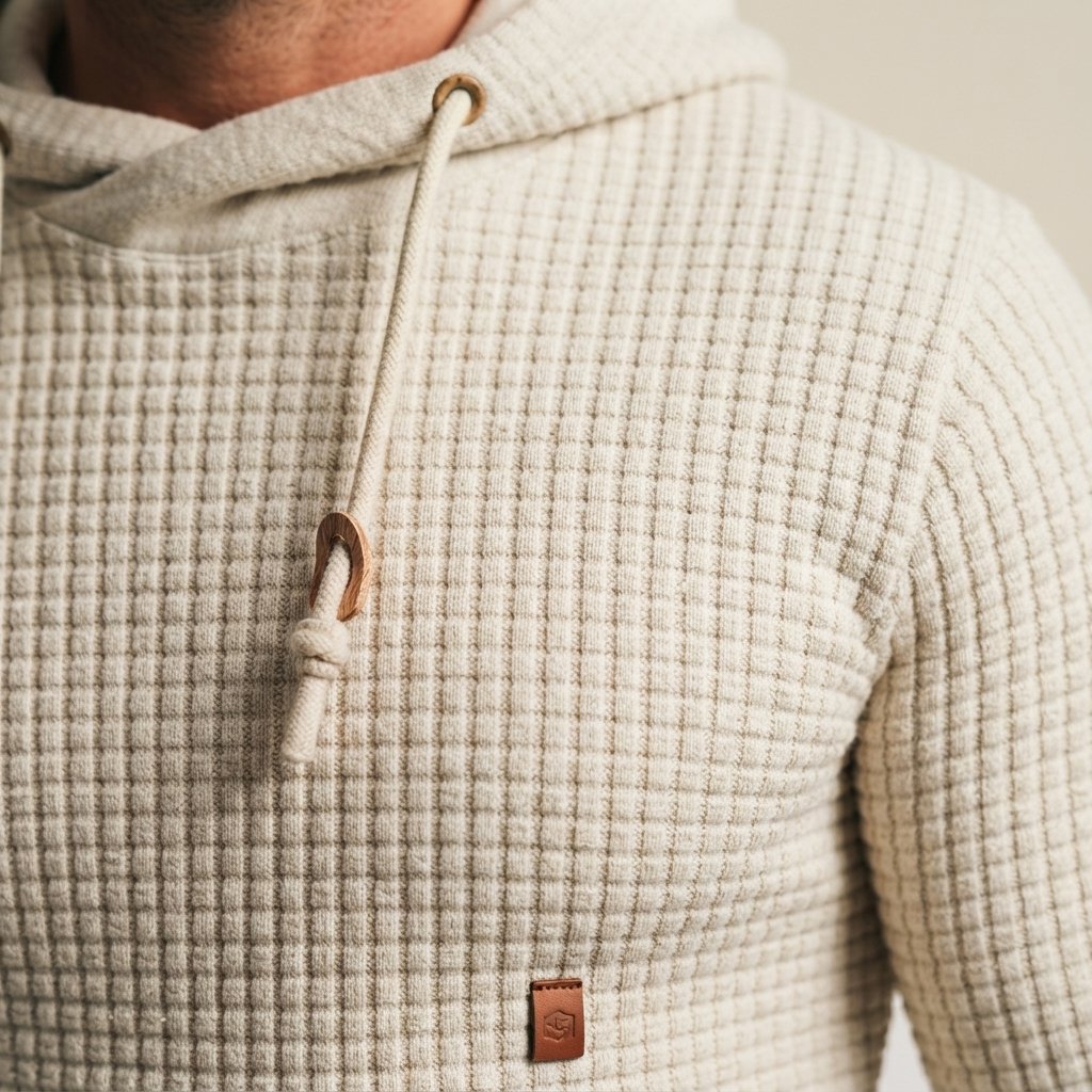 Waffle-Knit Pullover Hoodie with Drawstring Hood