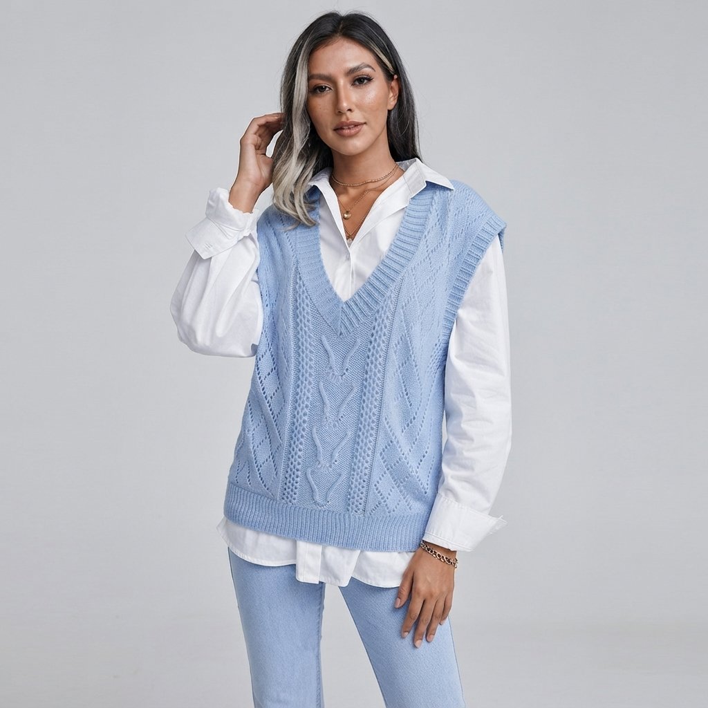 Cable Knit Jumper Vest with V Neck, Women's Relaxed Fit — Light Blue