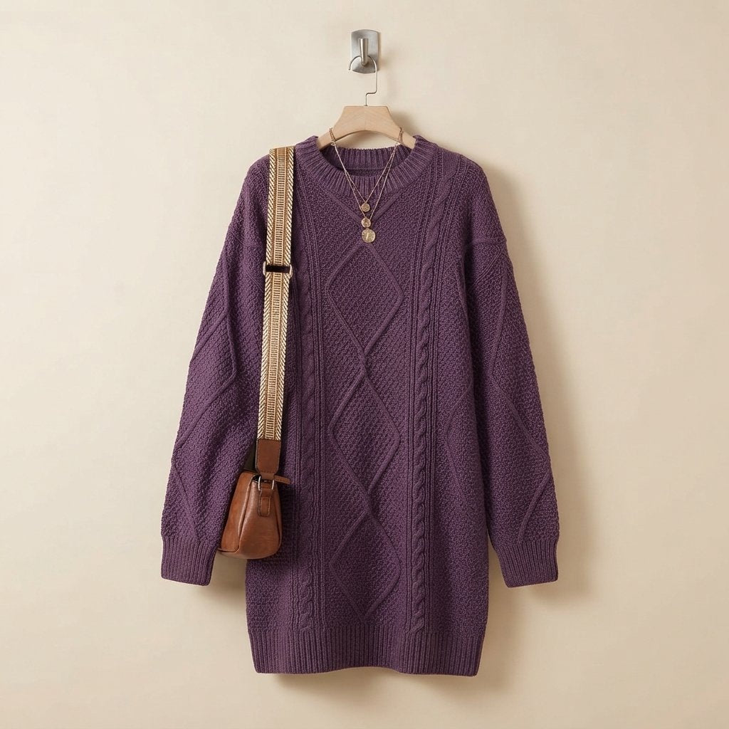 Cable-Knit Long-Sleeve Jumper Dress — Purple