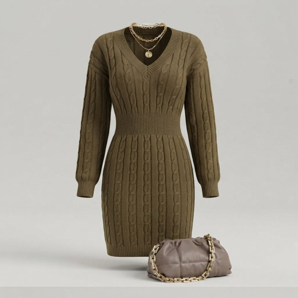 Cable Knit V-Neck Mini Dress with Elasticated Waist — Khaki