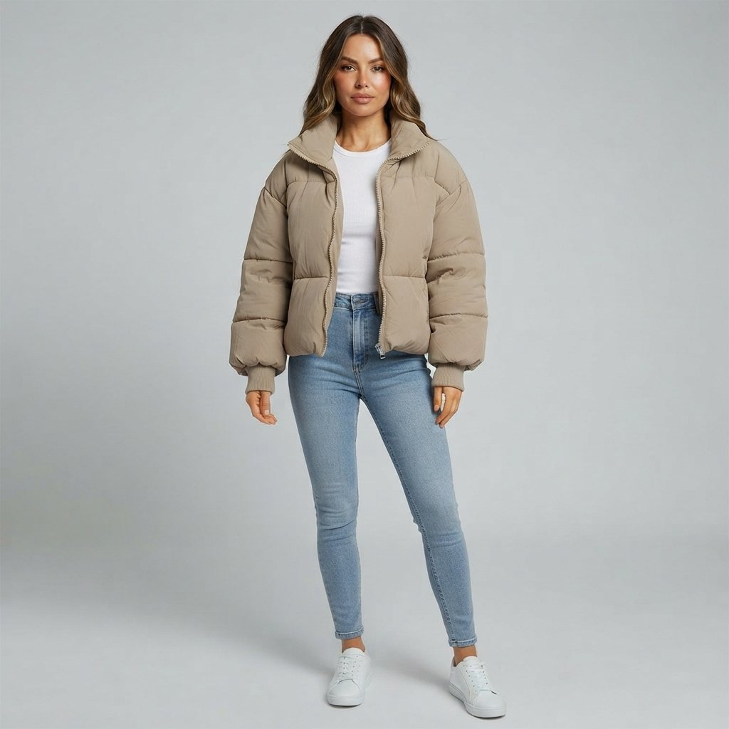 Cropped Quilted Puffer Jacket for Women — Khaki