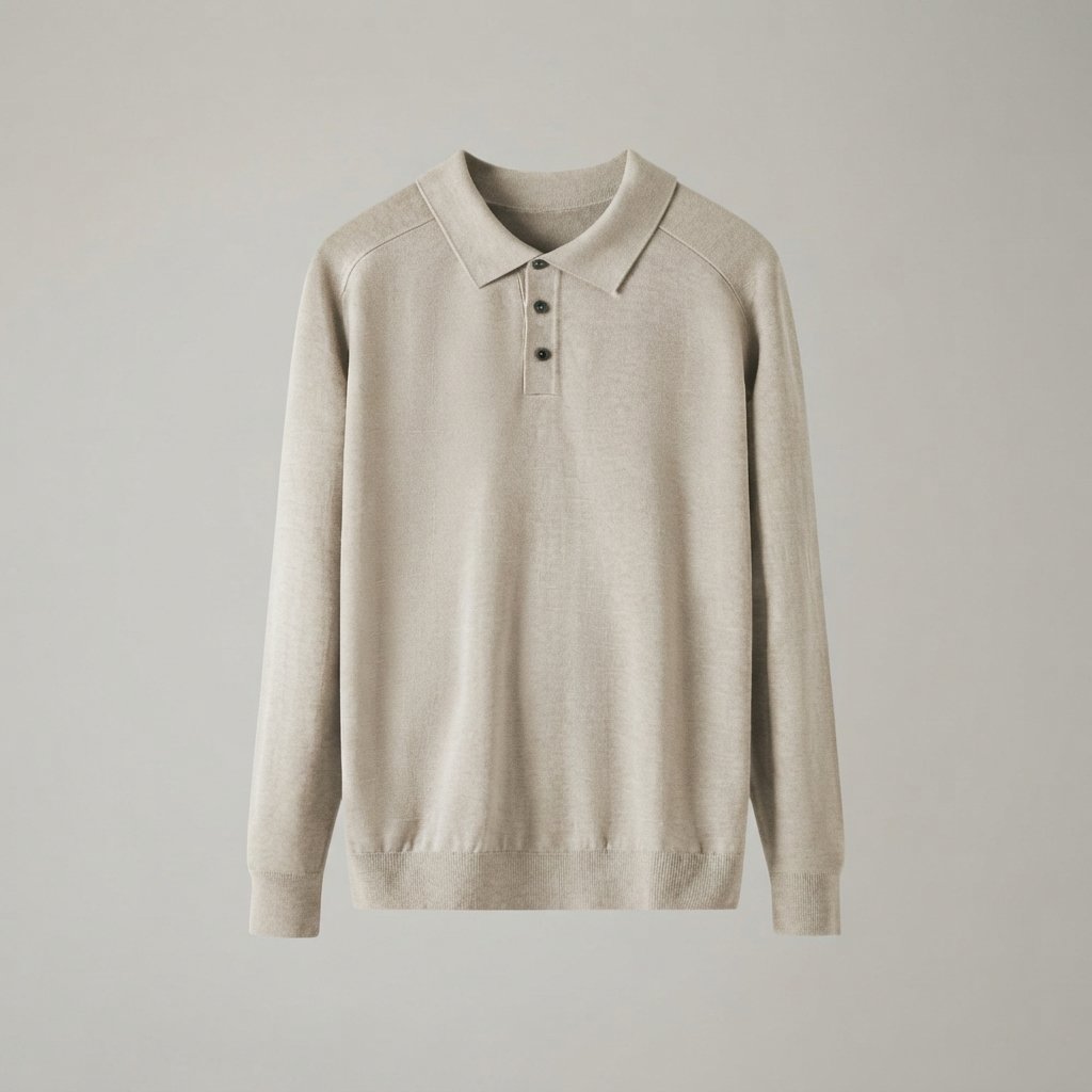 Men's Long-Sleeve Knit Polo Sweater with Collar — Beige