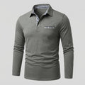 Men's Long-Sleeve Polo Shirt with Gingham Collar Detail — Grey