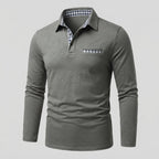 Men's Long-Sleeve Polo Shirt with Gingham Collar Detail — Grey