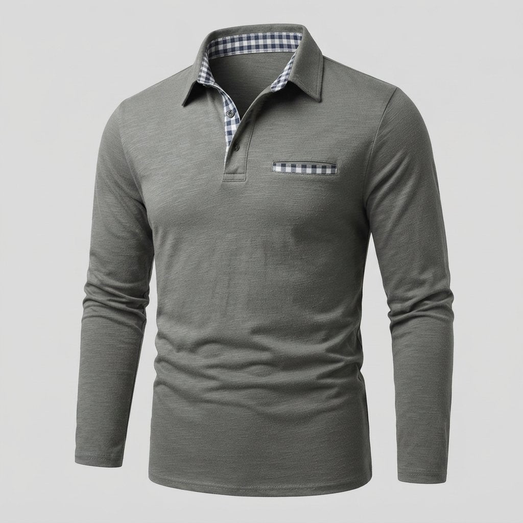Men's Long-Sleeve Polo Shirt with Gingham Collar Detail — Grey
