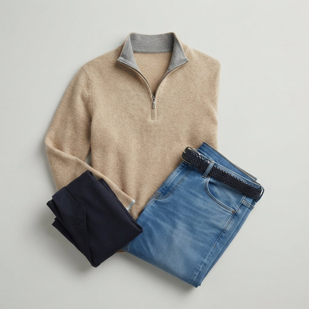 Men's Quarter-Zip Knit Jumper with Zip Collar — Beige