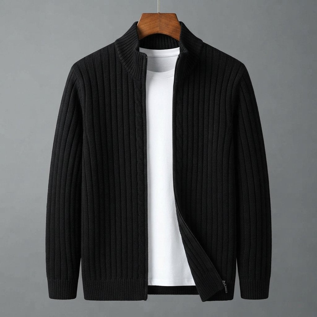 Men's Ribbed-Knit Full-Zip Cardigan Sweater — Black