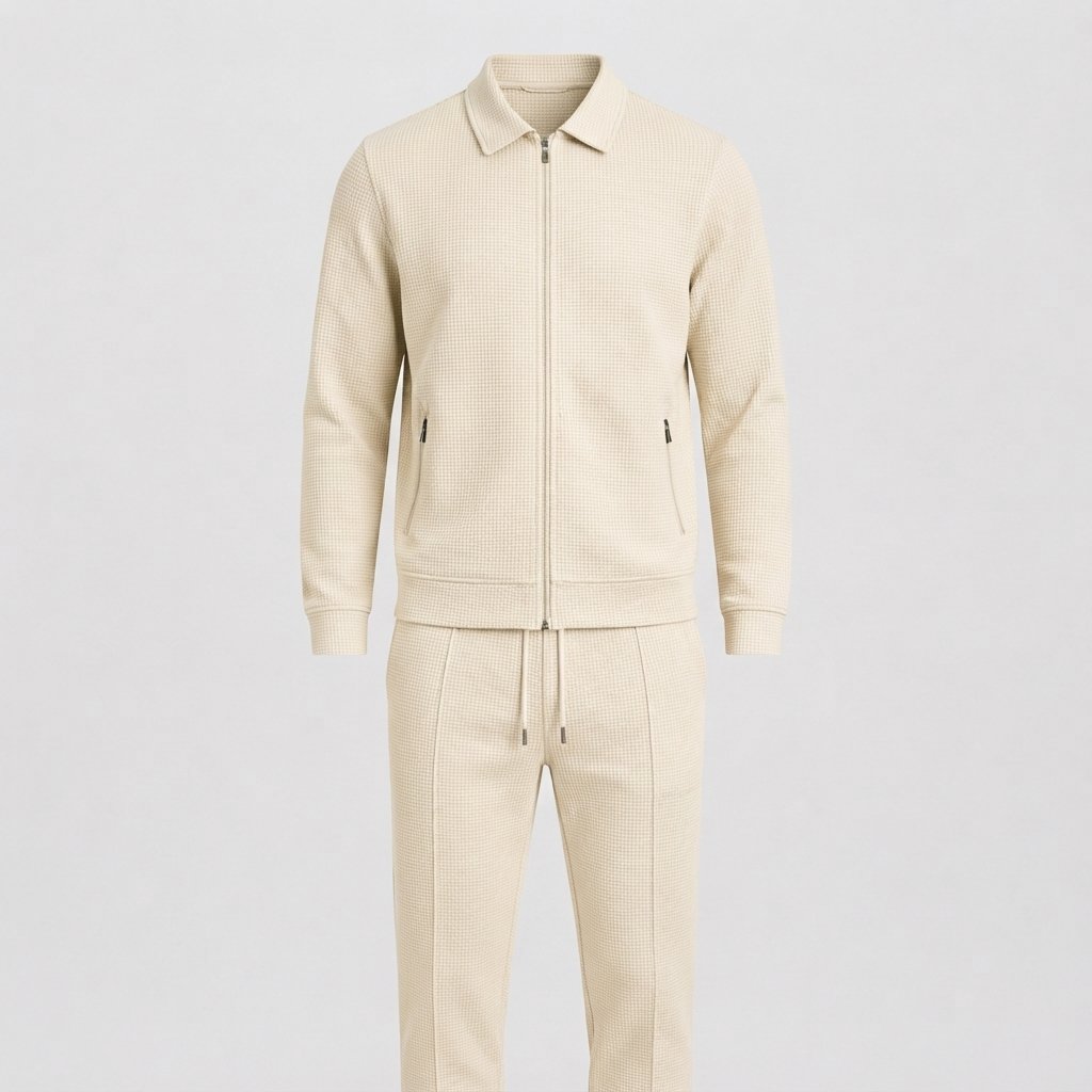 Men's Waffle-Knit Tracksuit Set, Two-Piece Zip Jacket — Beige