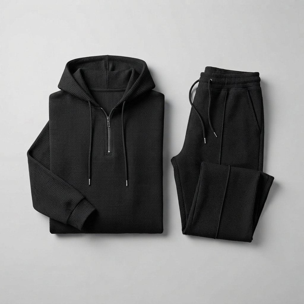 Waffle-Knit Half-Zip Hoodie & Jogger Set for Men — Black