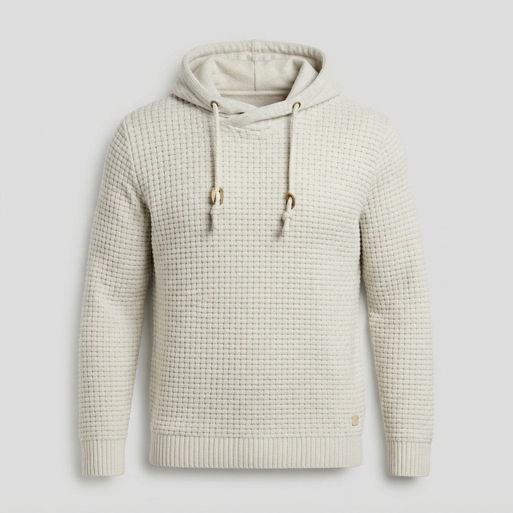 Waffle-Knit Pullover Hoodie with Drawstring Hood — White