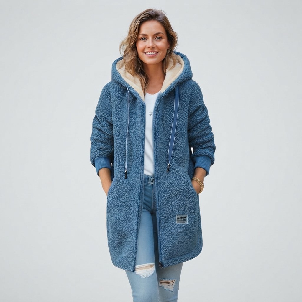 Women's Teddy Fleece Hooded Coat with Sherpa Lining — Blue