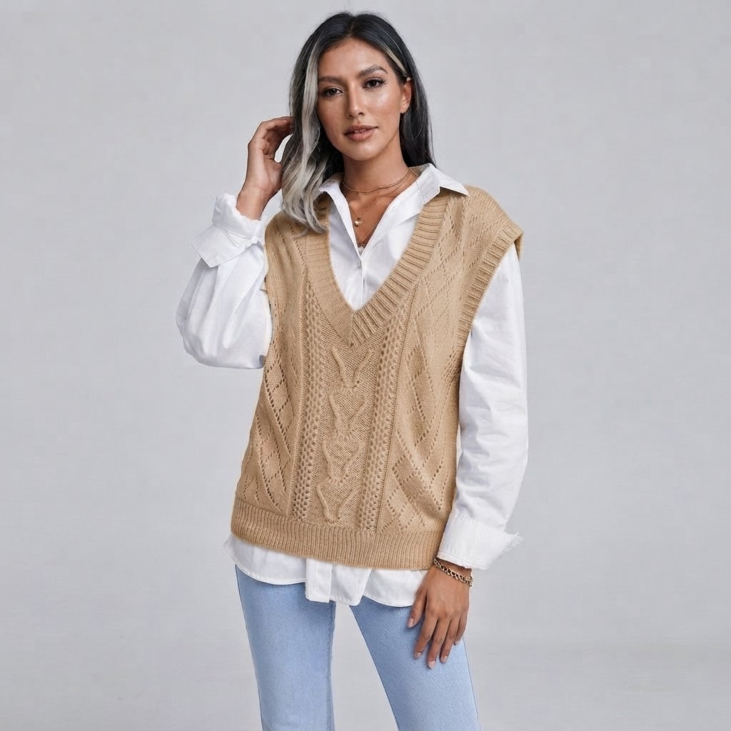 Cable Knit Jumper Vest with V Neck, Women's Relaxed Fit — Beige