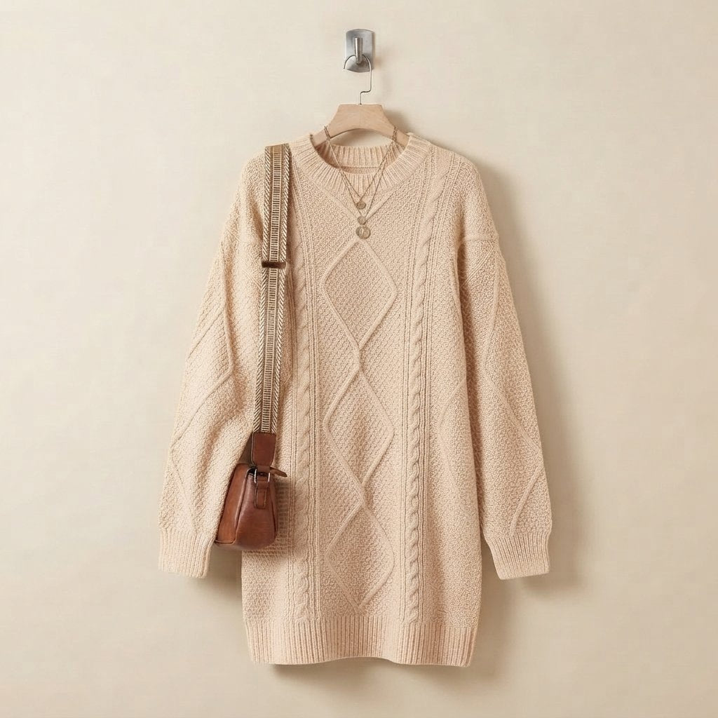 Cable-Knit Long-Sleeve Jumper Dress — Apricot