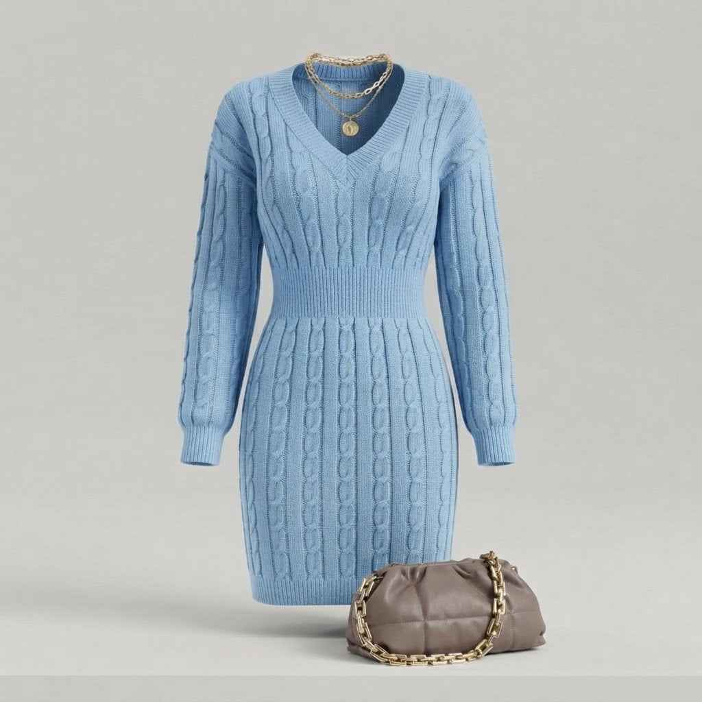 Cable Knit V-Neck Mini Dress with Elasticated Waist — Blue