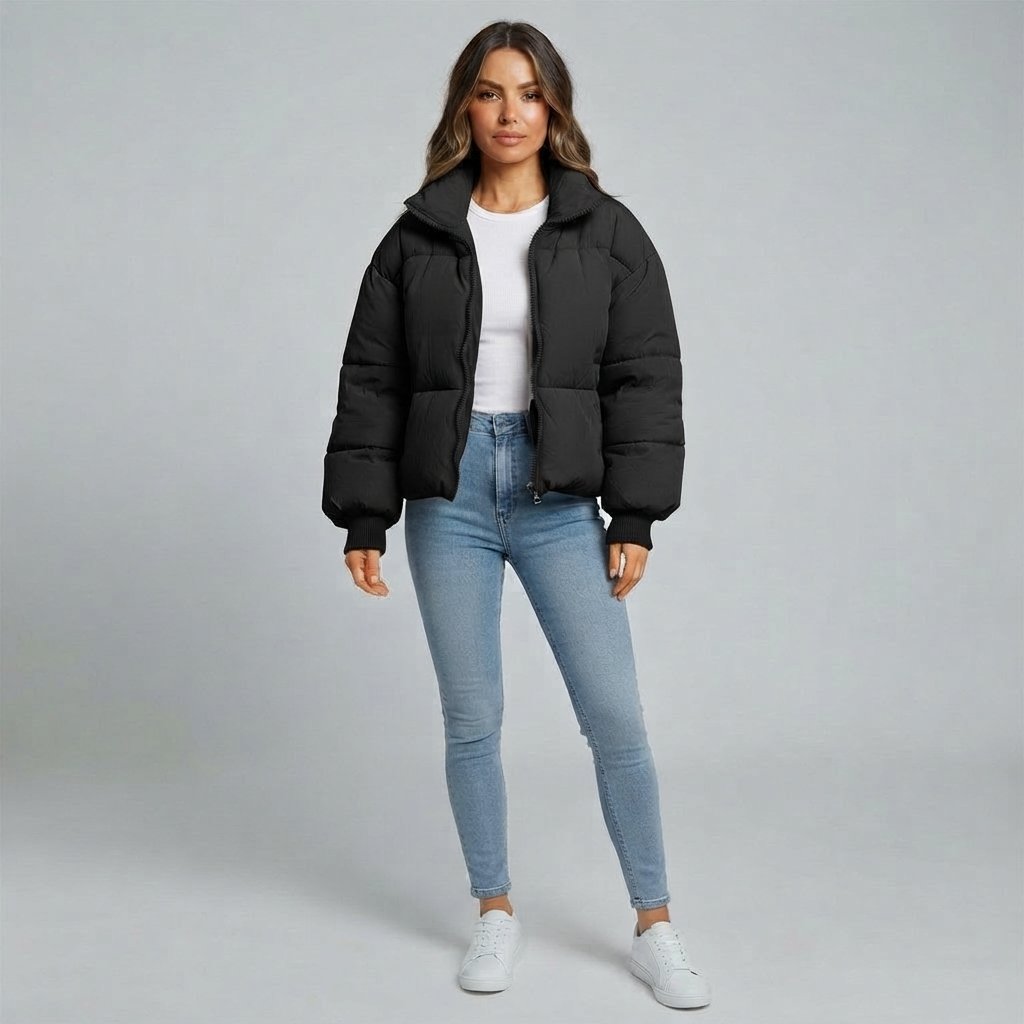 Cropped Quilted Puffer Jacket for Women — Black