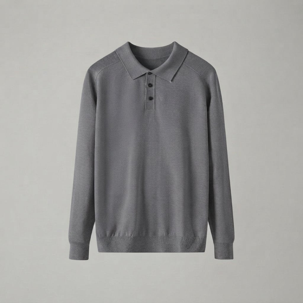 Men's Long-Sleeve Knit Polo Sweater with Collar — Grey