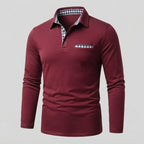 Men's Long-Sleeve Polo Shirt with Gingham Collar Detail — Burgundy