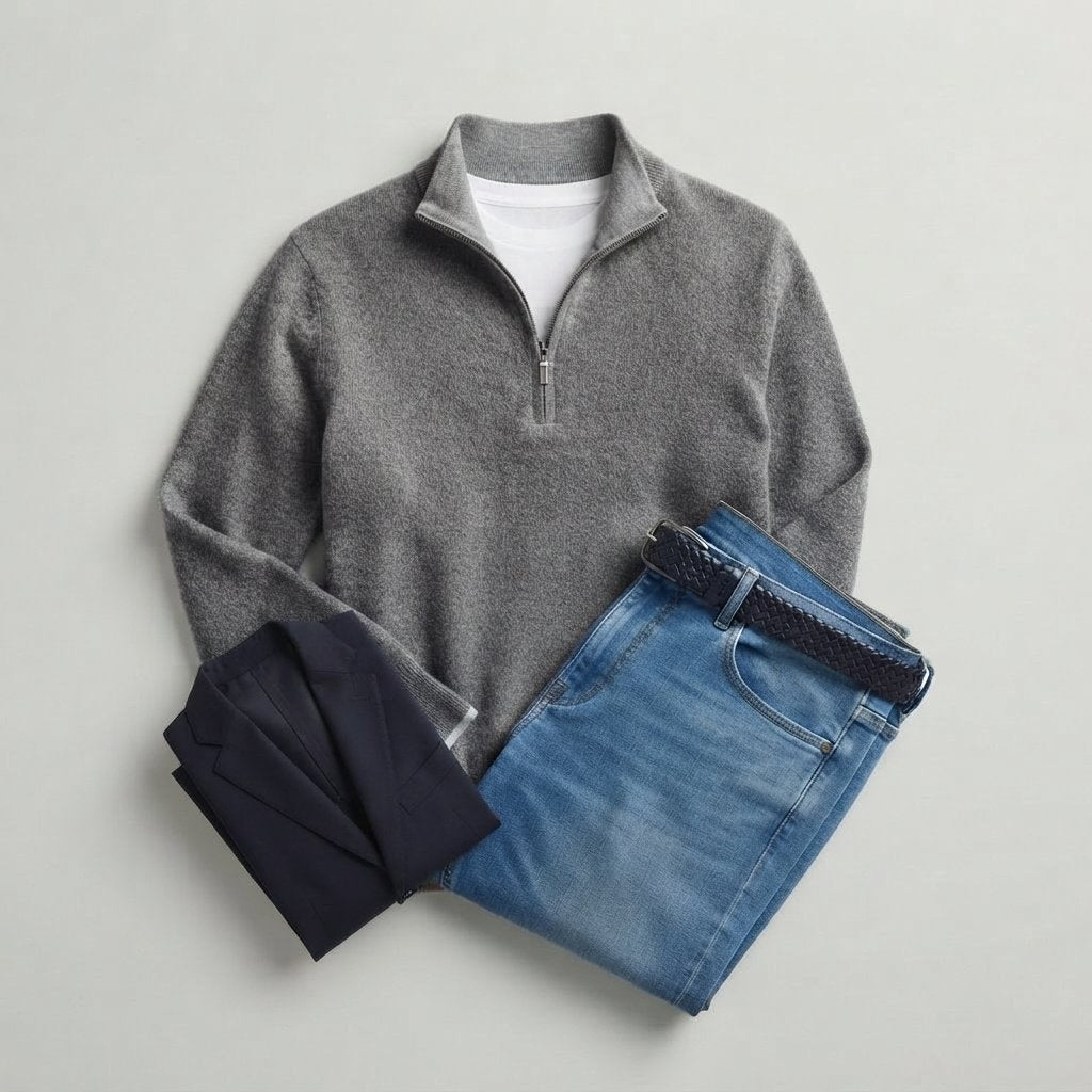 Men's Quarter-Zip Knit Jumper with Zip Collar — Grey