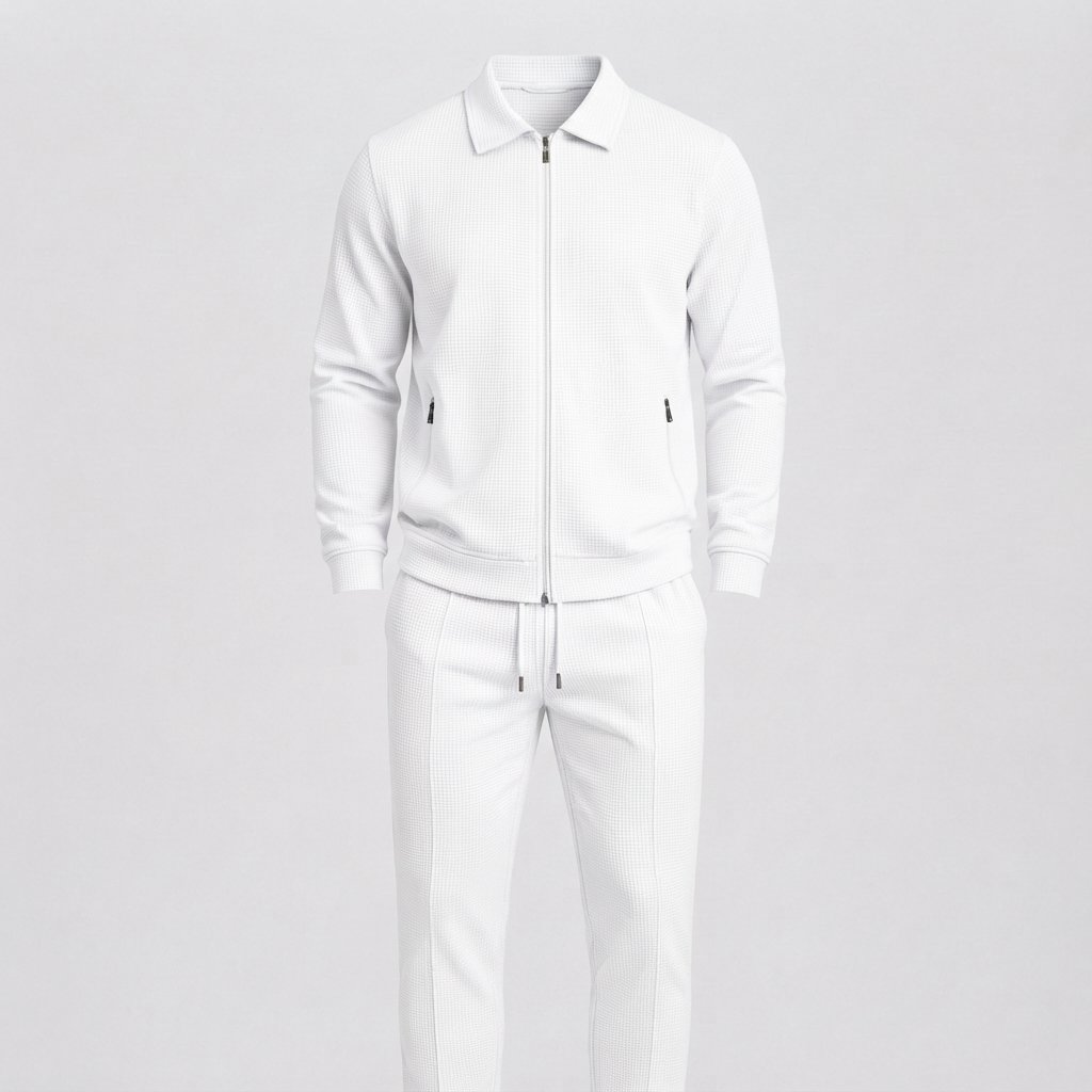 Men's Waffle-Knit Tracksuit Set, Two-Piece Zip Jacket — White