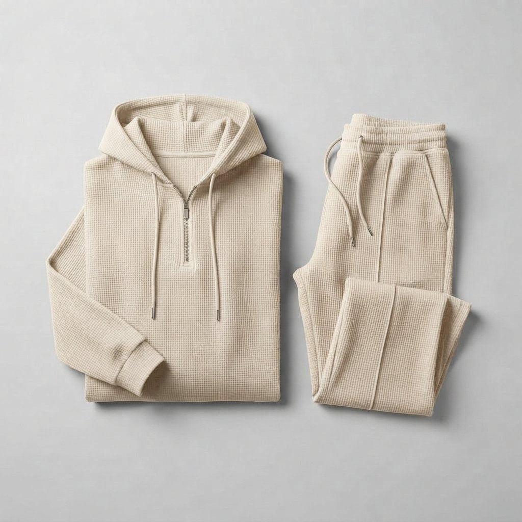 Waffle-Knit Half-Zip Hoodie & Jogger Set for Men — Beige