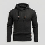 Waffle-Knit Pullover Hoodie with Drawstring Hood — Black