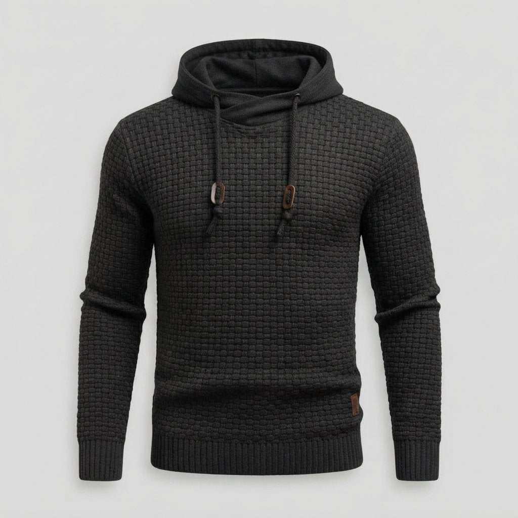 Waffle-Knit Pullover Hoodie with Drawstring Hood — Black