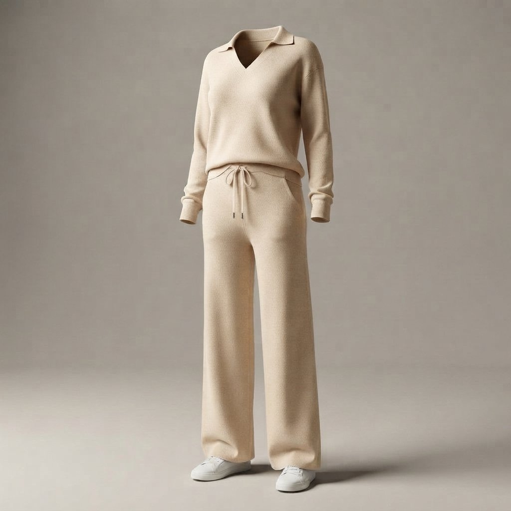 Women's 2-Piece Sweatsuit Set, Long Sleeve Top & Wide-Leg Trousers — Beige