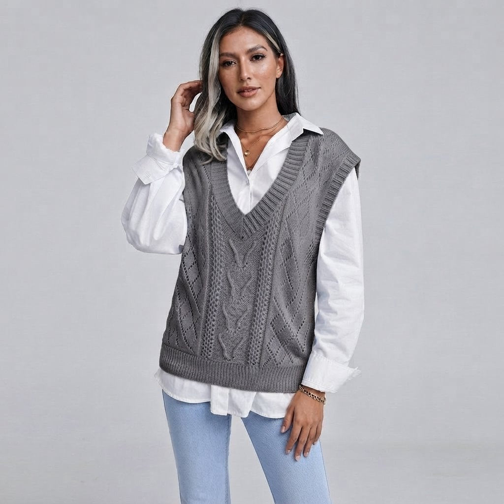 Cable Knit Jumper Vest with V Neck, Women's Relaxed Fit — Grey