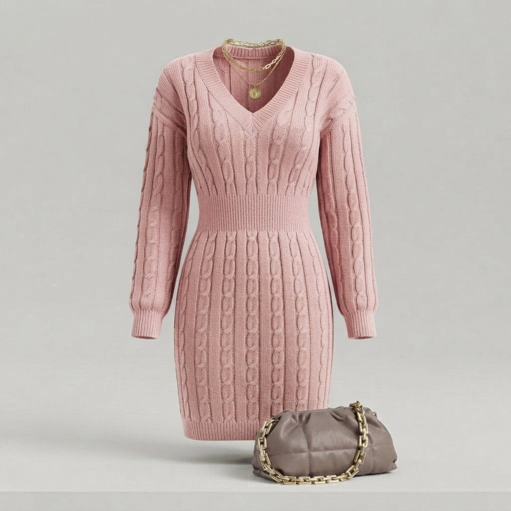 Cable Knit V-Neck Mini Dress with Elasticated Waist — Pink