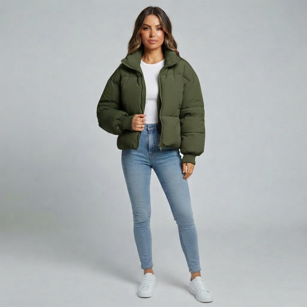 Cropped Quilted Puffer Jacket for Women — Green
