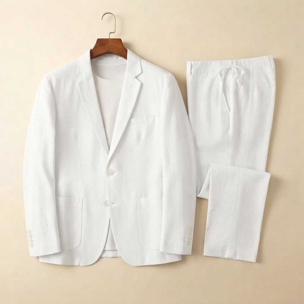 Men's Linen Blend Blazer and Trouser Set — White